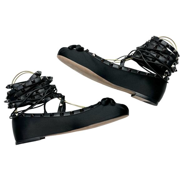 VALENTINO GARAVANI Rockstud Satin Ballet Flats EU 39 US 9 Black Wrap Around Shoe - Picture 7 of 16